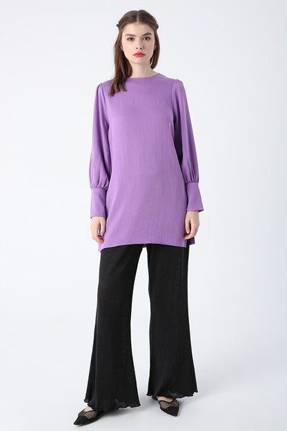 Purple Back Button Detailed Slit Crew Neck Wide Cuff Tunic