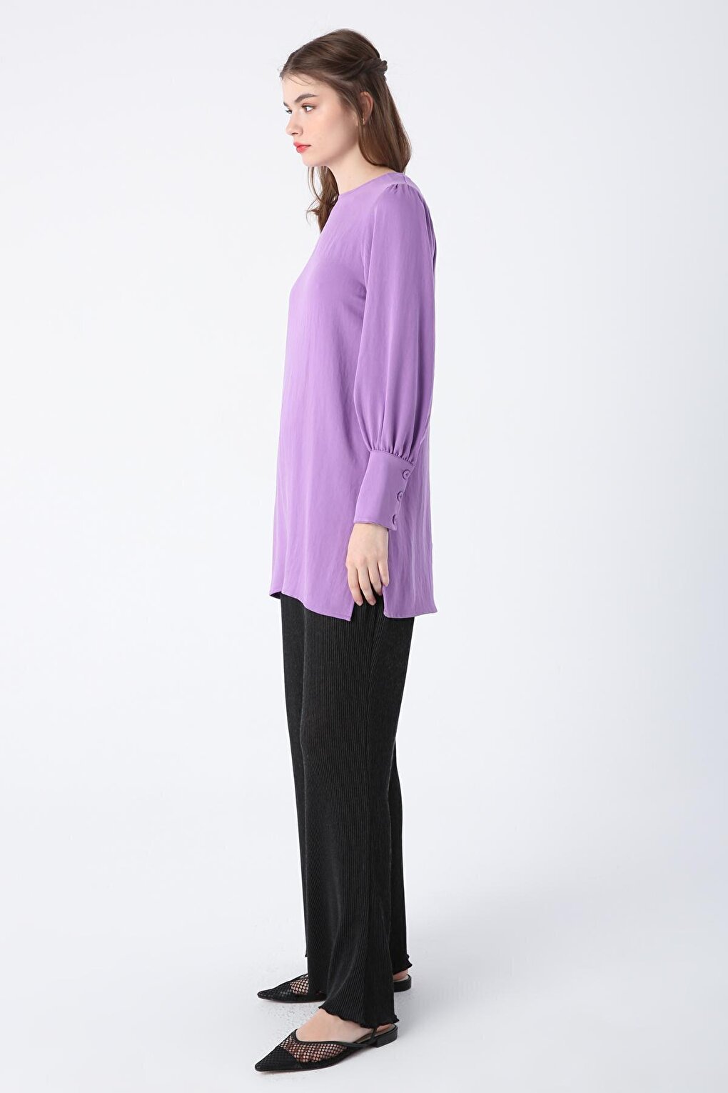 Purple Back Button Detailed Slit Crew Neck Wide Cuff Tunic