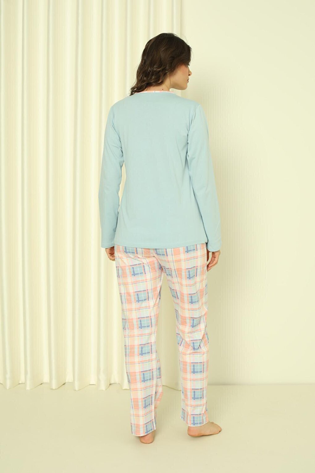 Women's Pajama Set Single Jersey Long Sleeve Bottom Plaid Cotton Seasonal W20302244