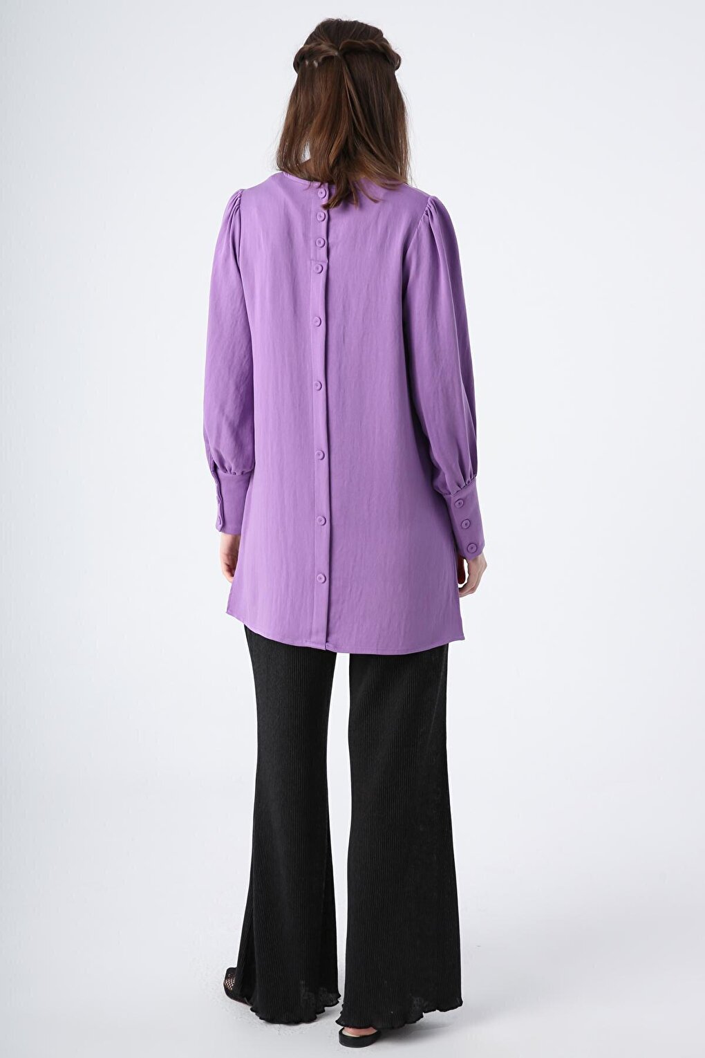 Purple Back Button Detailed Slit Crew Neck Wide Cuff Tunic