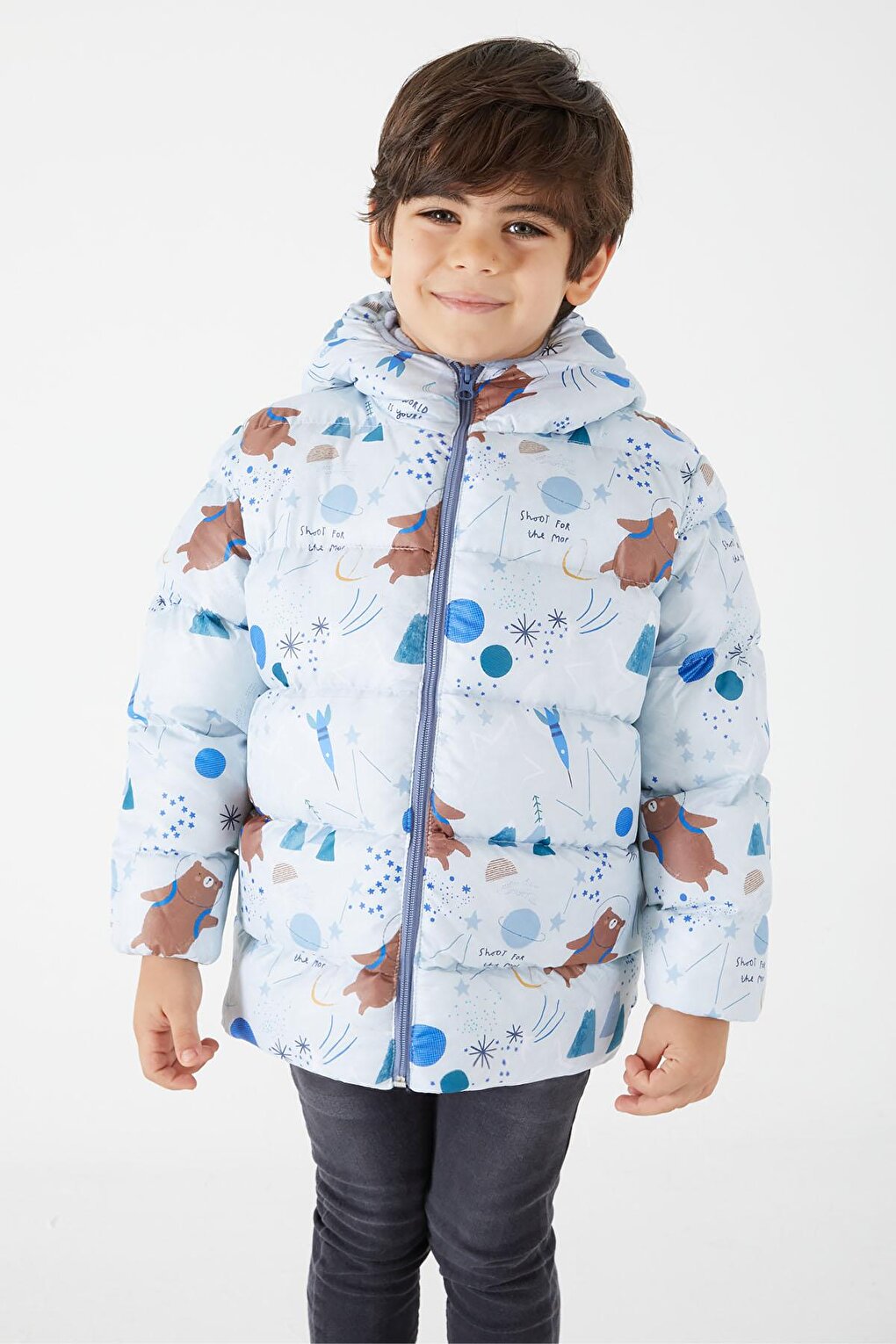 Boy's Coat Character Printed Gray 16056