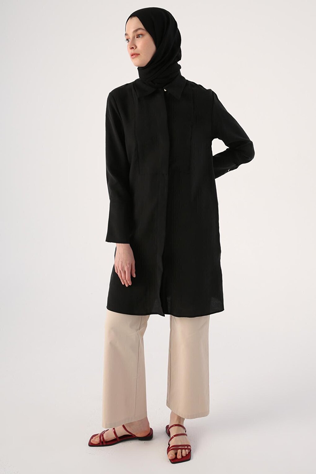 Black Wide Cuffed Hidden Placket Shirt Tunic