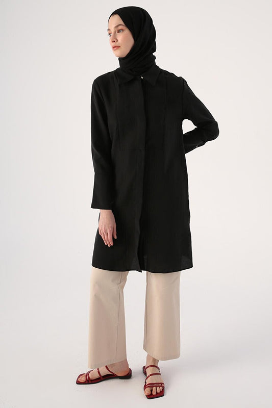 Black Wide Cuffed Hidden Placket Shirt Tunic