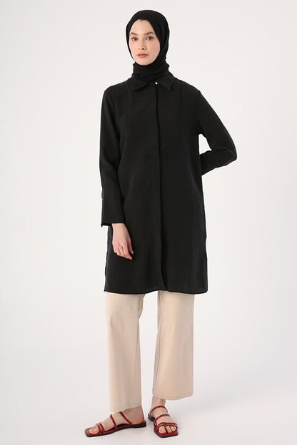 Black Wide Cuffed Hidden Placket Shirt Tunic