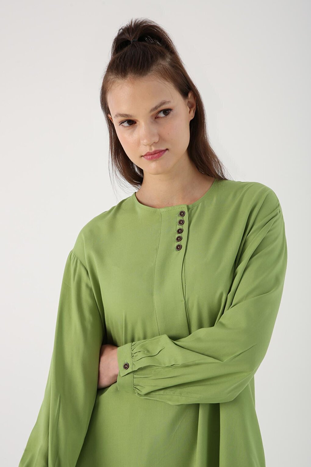 Green Side Slits Viscon Wide Placket Comfortable Fit Tunic