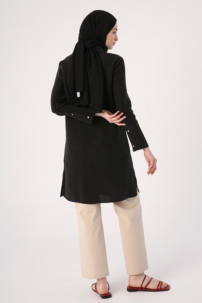 Black Wide Cuffed Hidden Placket Shirt Tunic