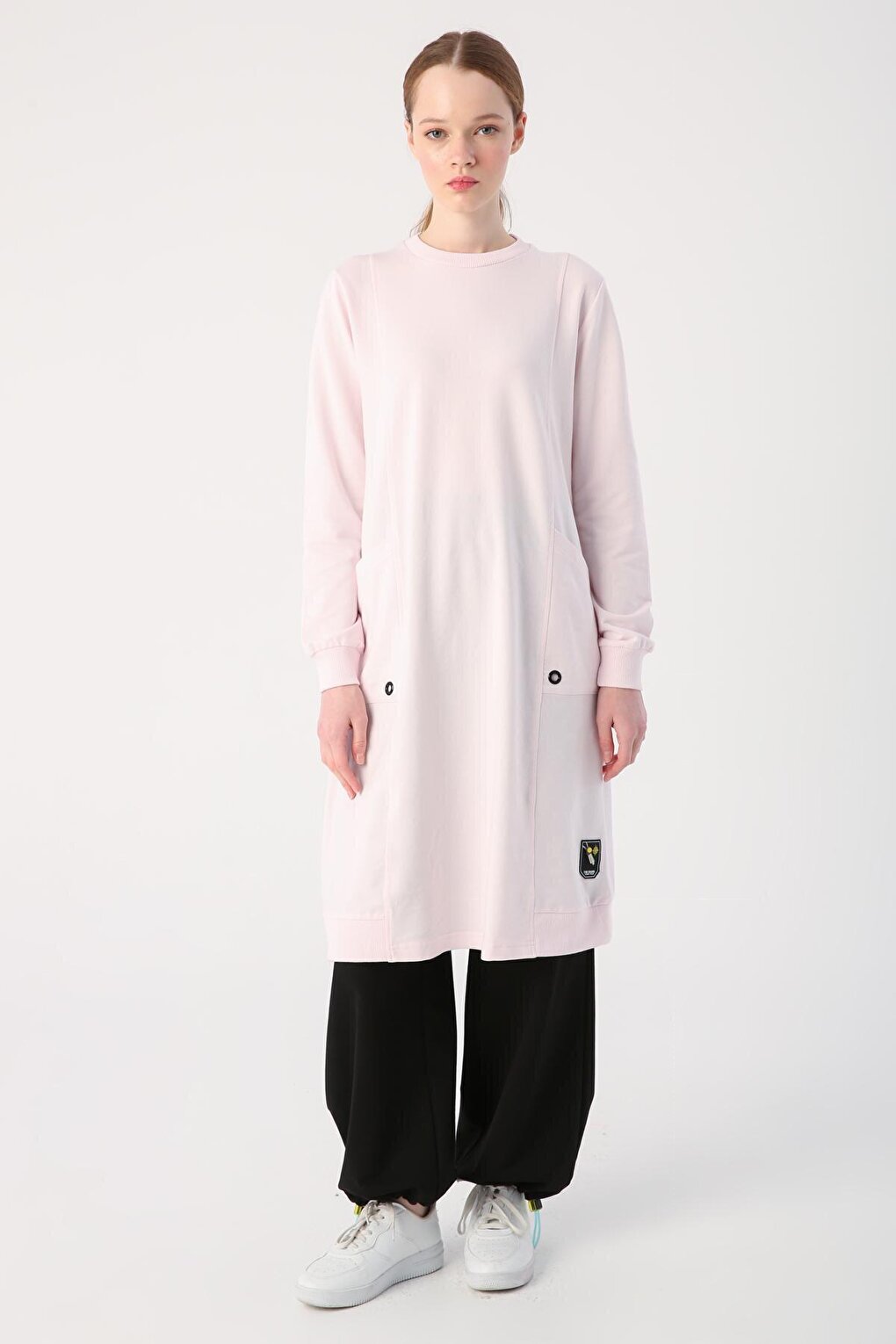 Pink Eyelet Detailed Pocket Sweat Tunic