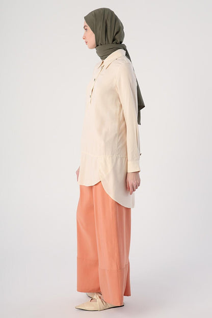 Ecru Shirt Collar Half Placket Slit Long Back Tunic