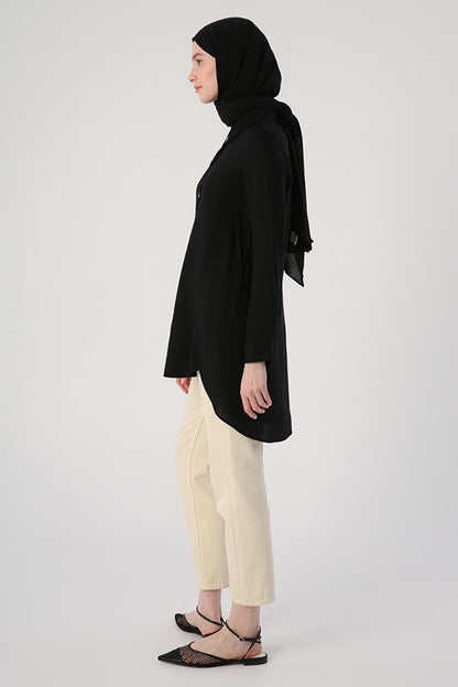 Black Shirt Collar Half Placket Slit Long Back Tunic