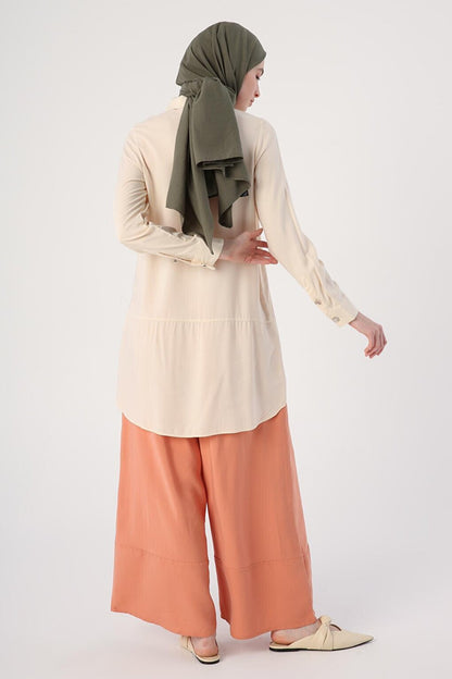 Ecru Shirt Collar Half Placket Slit Long Back Tunic