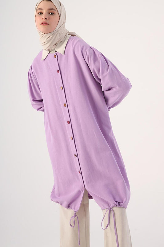 Lilac Shirt Tunic with Gathered Hem and Colored Buttons