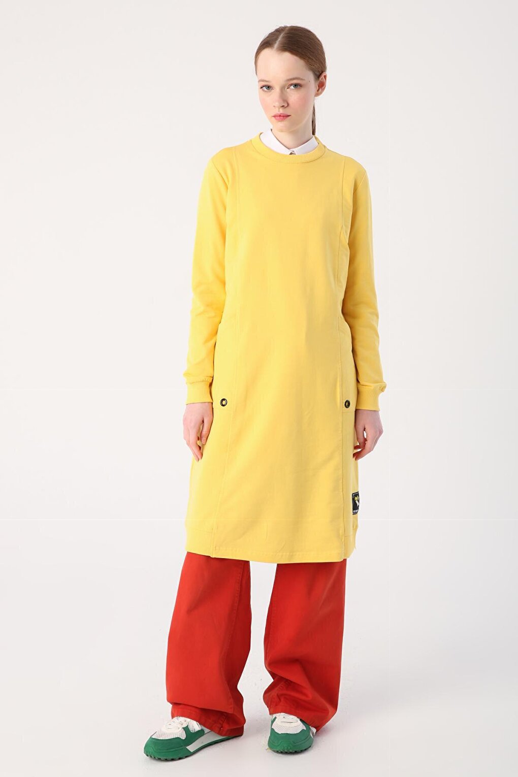 Yellow Eyelet Detailed Pocket Sweat Tunic