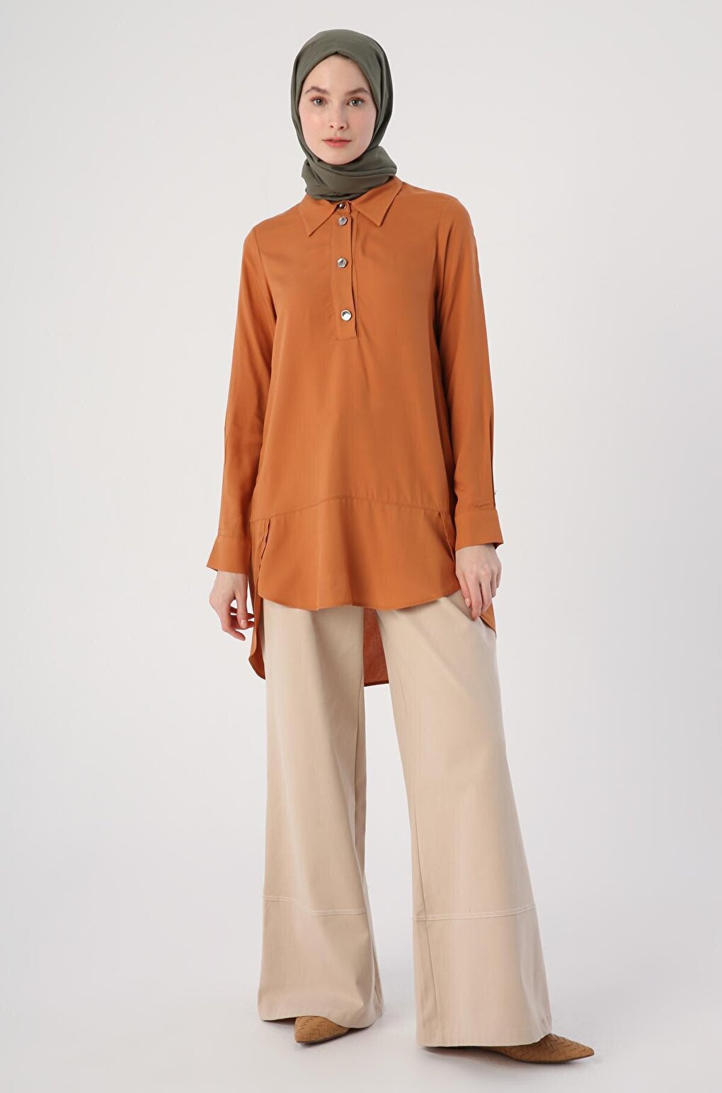 Cinnamon Shirt Collar Half Placket Slit Long Back Tunic