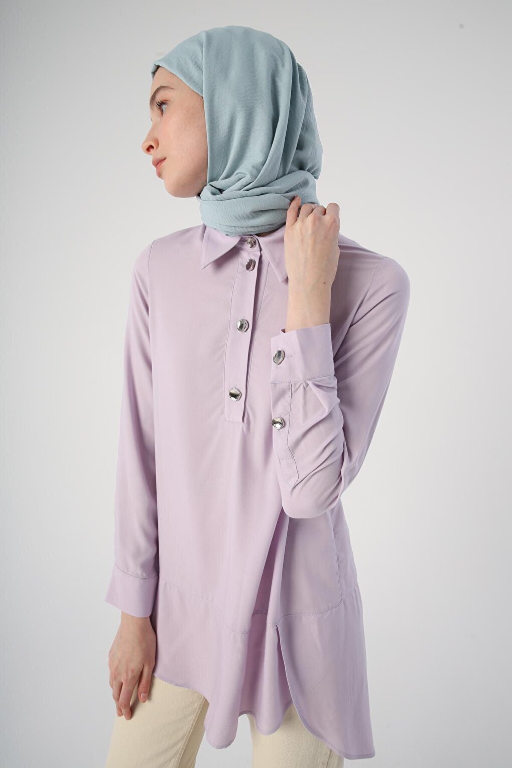 Lilac Shirt Collar Half Placket Slit Long Back Tunic