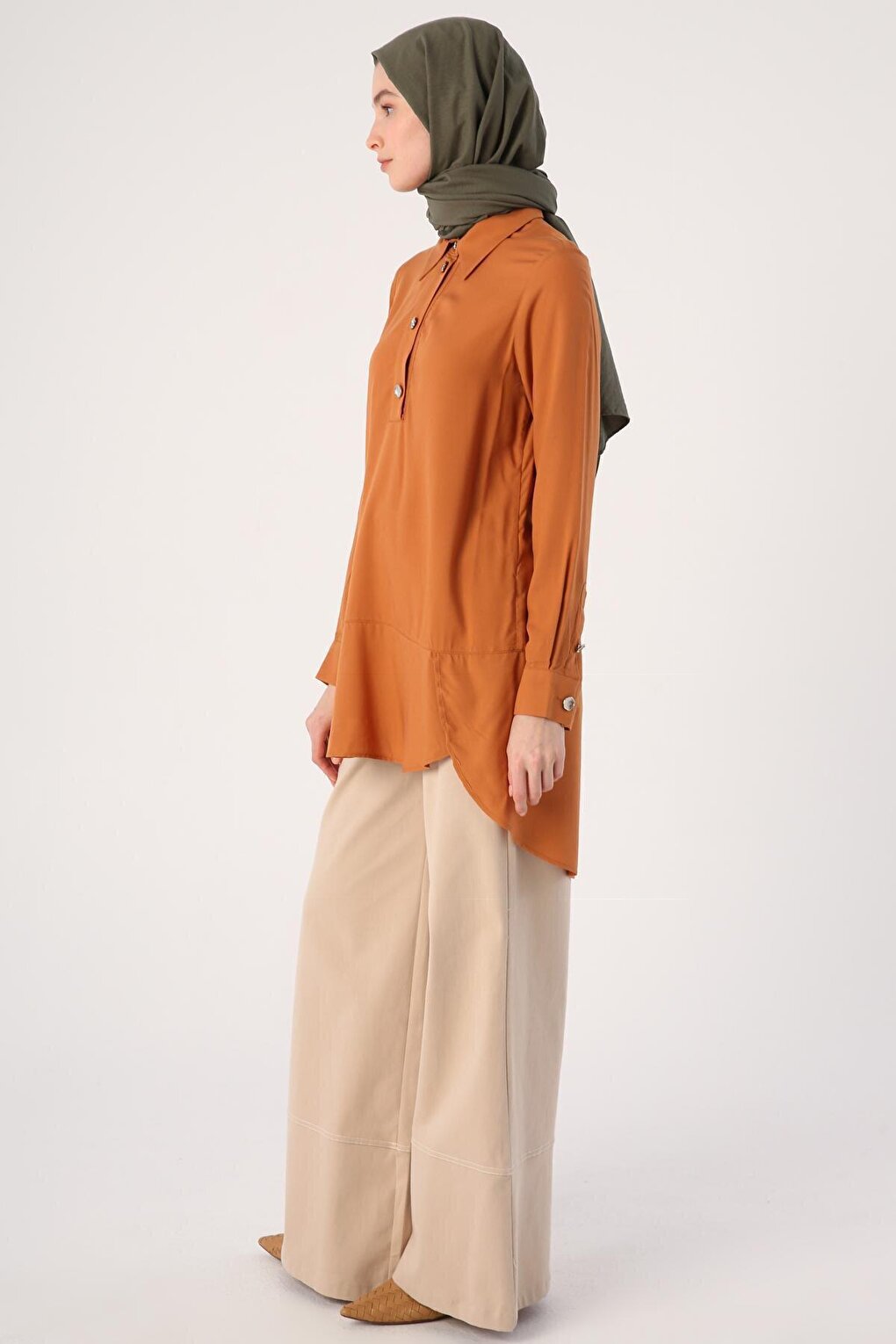 Cinnamon Shirt Collar Half Placket Slit Long Back Tunic