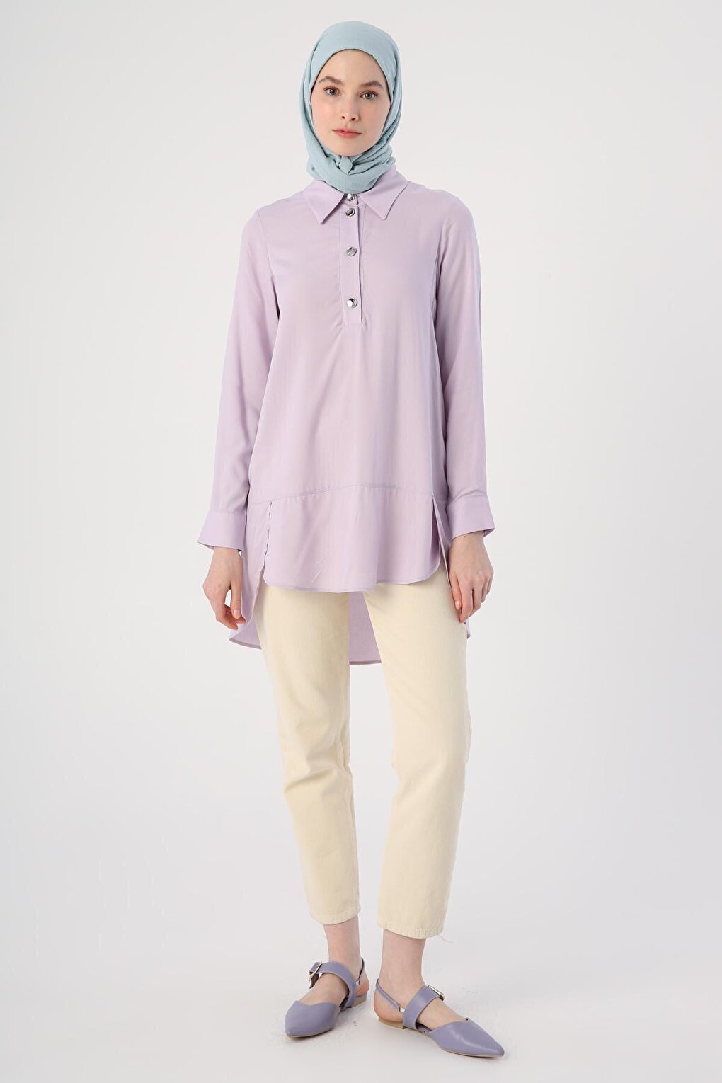 Lilac Shirt Collar Half Placket Slit Long Back Tunic