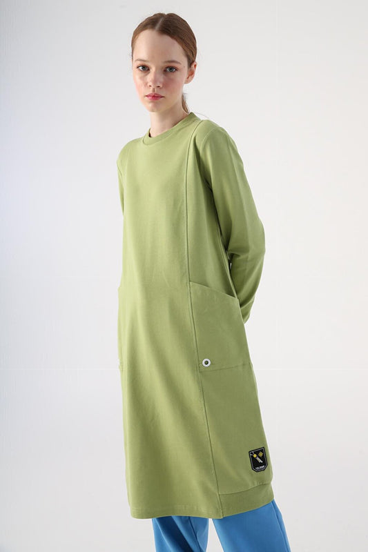 Light Green Eyelet Detailed Pocket Sweat Tunic