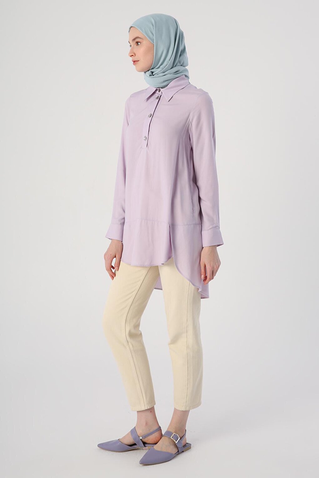 Lilac Shirt Collar Half Placket Slit Long Back Tunic