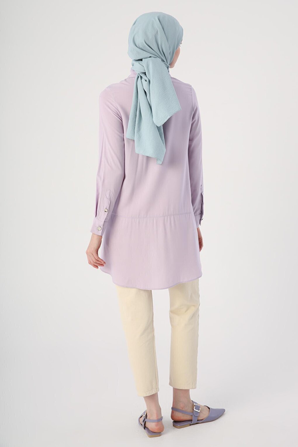 Lilac Shirt Collar Half Placket Slit Long Back Tunic