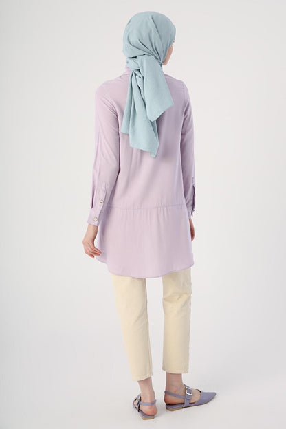 Lilac Shirt Collar Half Placket Slit Long Back Tunic