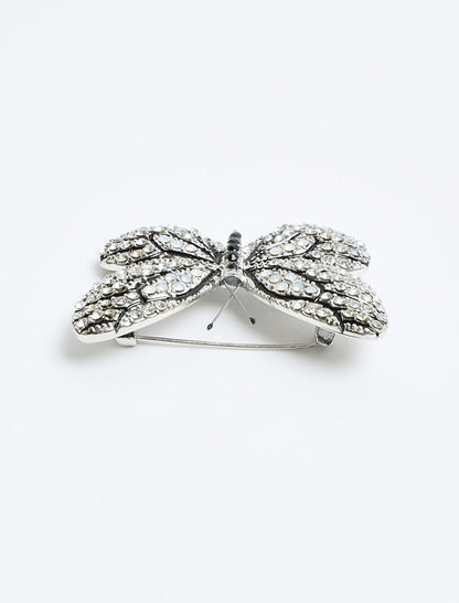 Elegant Shiny Stone Brooch with Silver Butterfly Figure