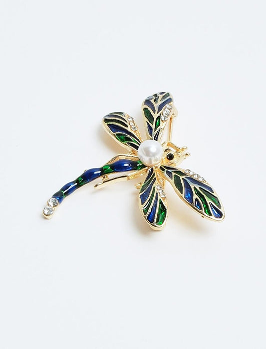 Green Pearl Detailed Dragonfly Figure Brooch