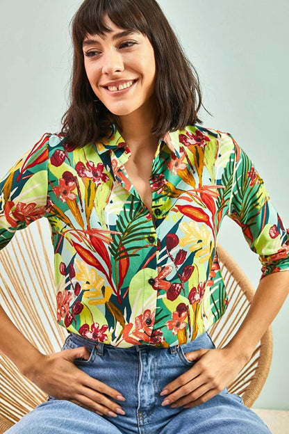 Women's Sleeve Folded Multi Patterned Viscose Shirt