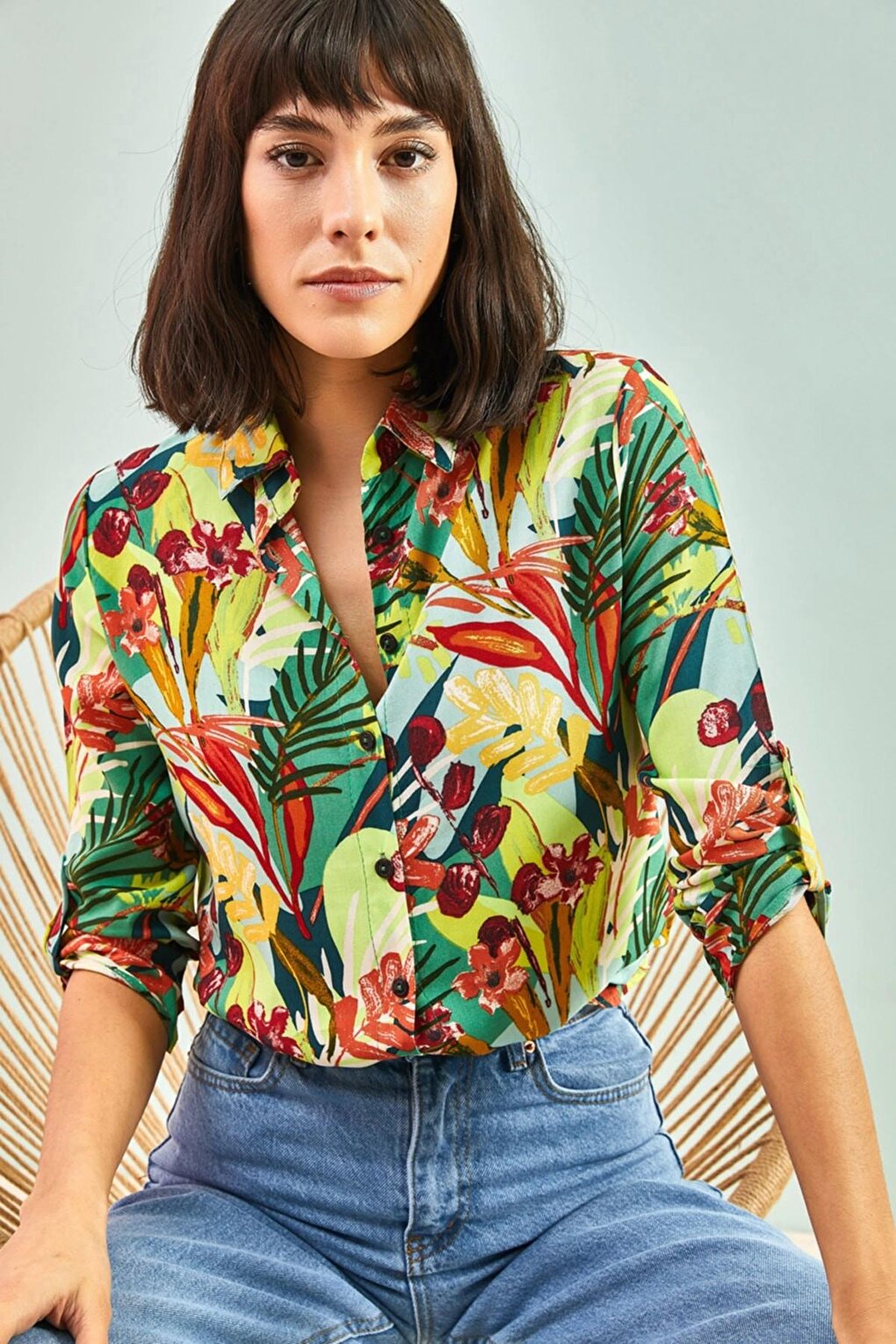 Women's Sleeve Folded Multi Patterned Viscose Shirt