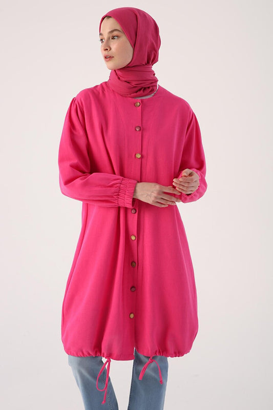 Fuchsia Shirt Tunic with Gathered Hem and Colorful Buttons