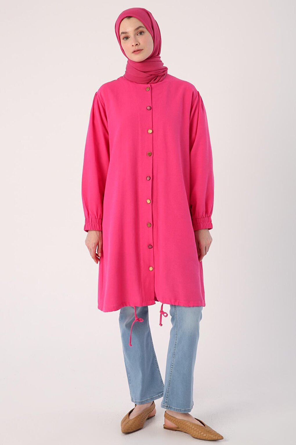 Fuchsia Shirt Tunic with Gathered Hem and Colorful Buttons