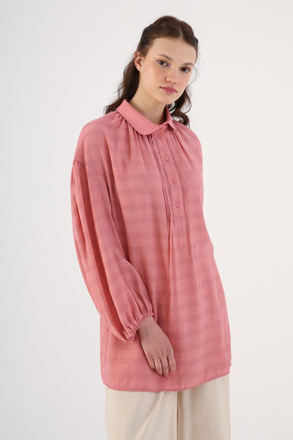 Fuchsia Baby Collar Half Placket Oversize Tunic