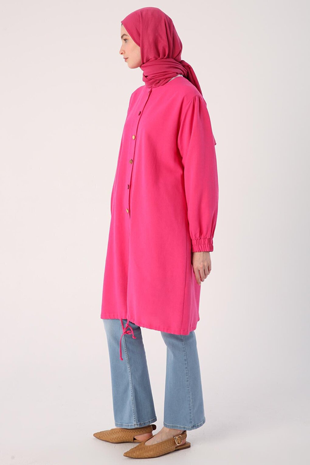 Fuchsia Shirt Tunic with Gathered Hem and Colorful Buttons