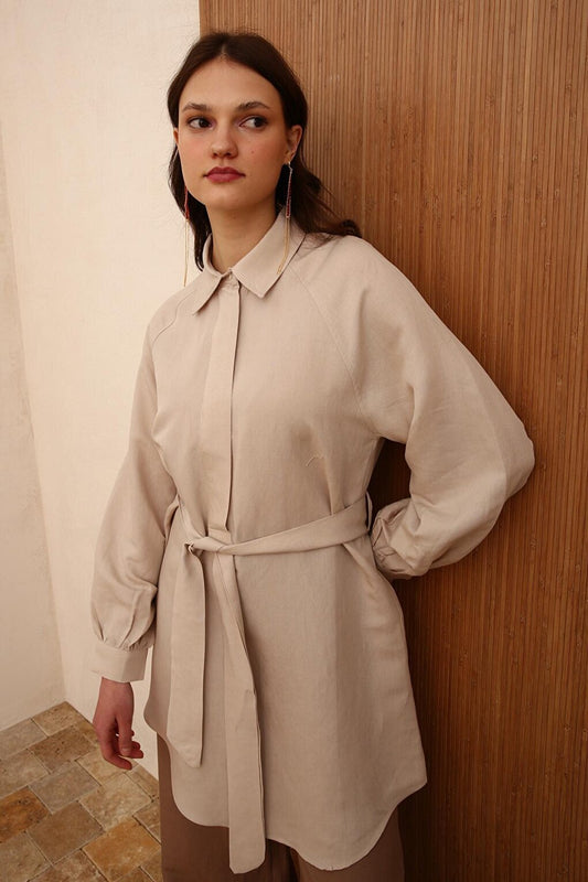 Beige Shirt Collar Half Placket Belted Linen Tunic