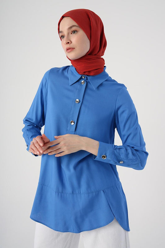 Blue Shirt Collar Half Placket Slit Long Back Tunic