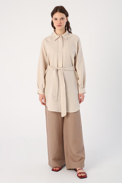 Beige Shirt Collar Half Placket Belted Linen Tunic