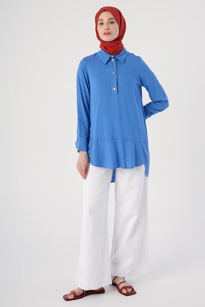 Blue Shirt Collar Half Placket Slit Long Back Tunic