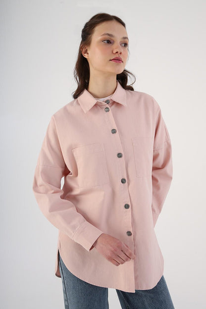 Light Pink 100% Cotton Oversized Shirt Tunic with Pockets