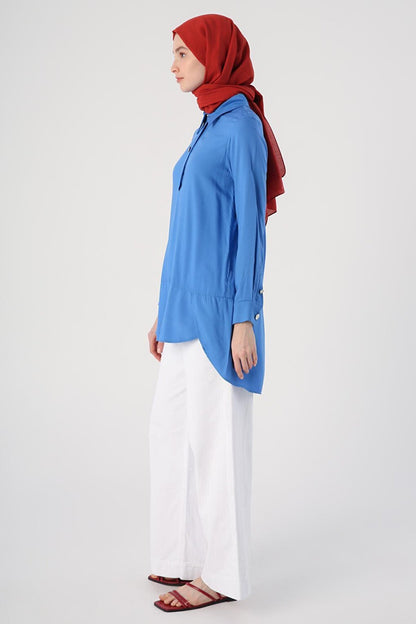 Blue Shirt Collar Half Placket Slit Long Back Tunic