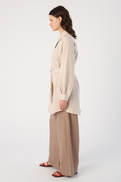 Beige Shirt Collar Half Placket Belted Linen Tunic