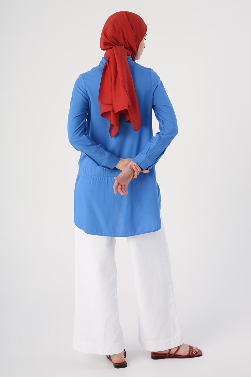 Blue Shirt Collar Half Placket Slit Long Back Tunic