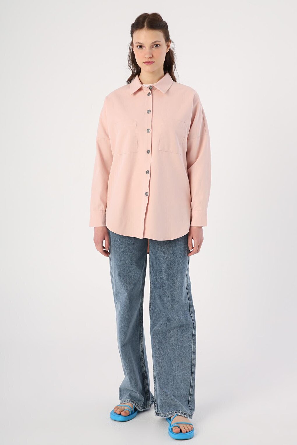 Light Pink 100% Cotton Oversized Shirt Tunic with Pockets