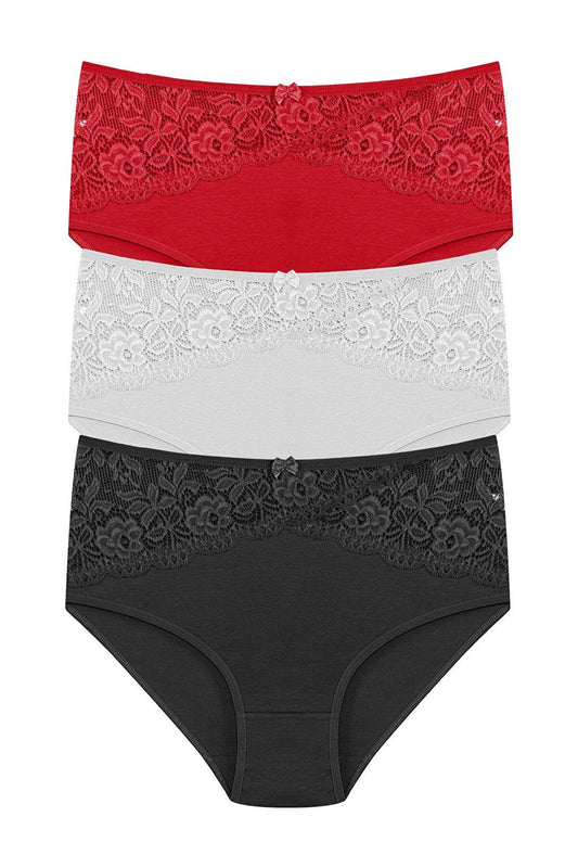 Cotton Inverted V Lace Front High Waist Plus Size Women's Panties 3-Piece