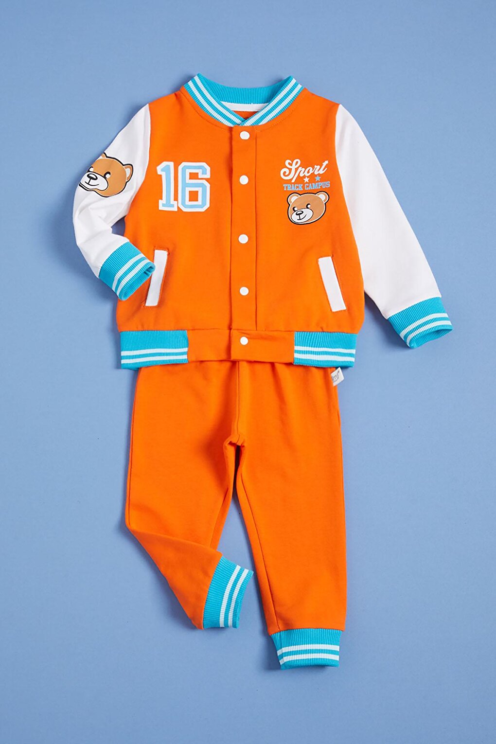 Baby Boy Suit with Orange Teddy Bear Printed College Jacket 16180