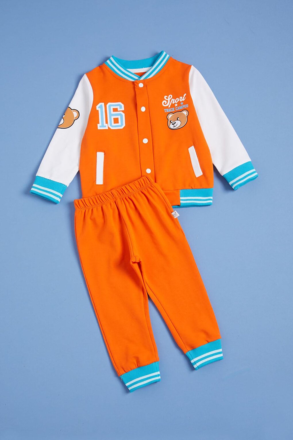 Baby Boy Suit with Orange Teddy Bear Printed College Jacket 16180