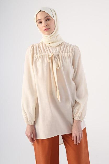 Ecru Gathered Bow Detailed Casual Tunic with Buttons on the Back