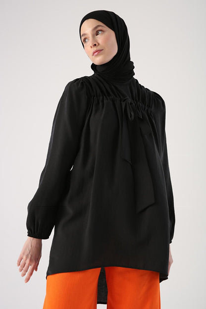 Black Gathered Bow Detailed Casual Tunic with Buttons on the Back