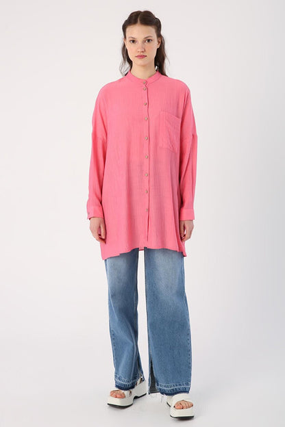 Pink Pocketed Collar Shirt Tunic