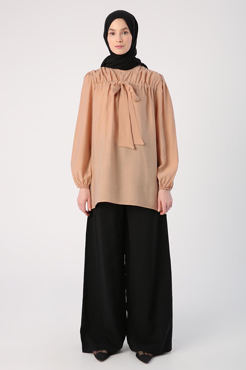 Dark Beige Gathered Bow Detailed Casual Tunic with Buttons on the Back