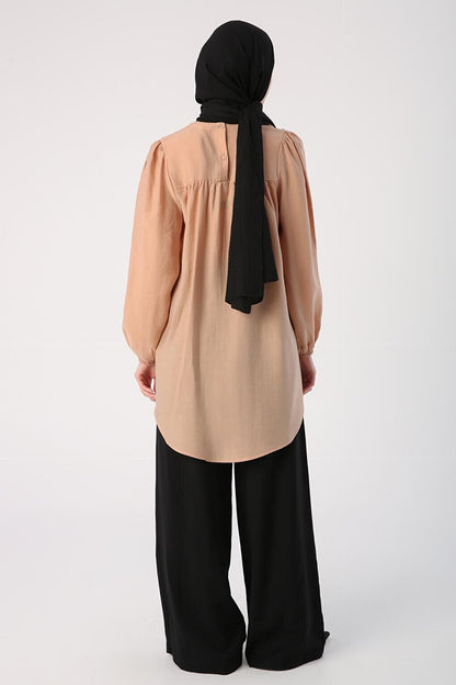 Dark Beige Gathered Bow Detailed Casual Tunic with Buttons on the Back