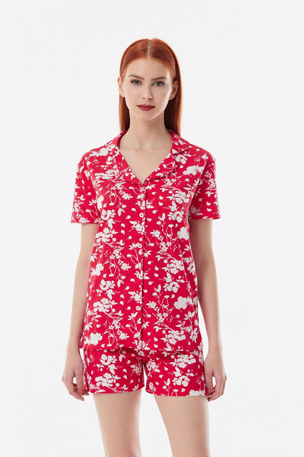 Floral Patterned Buttoned Pajama Set with Shorts